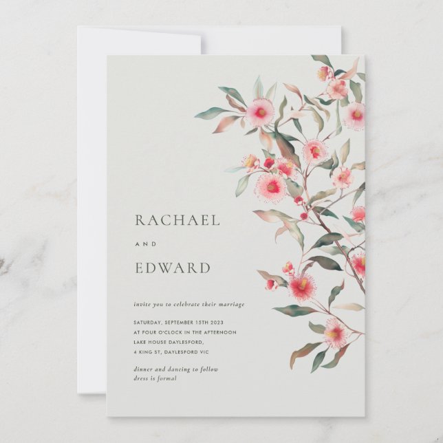 Invitation Mariage aux feuillages d'eucalyptus et fleurs rose (Devant)