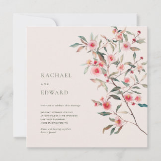 Invitation Mariage aux feuillages d'eucalyptus et fleurs rose