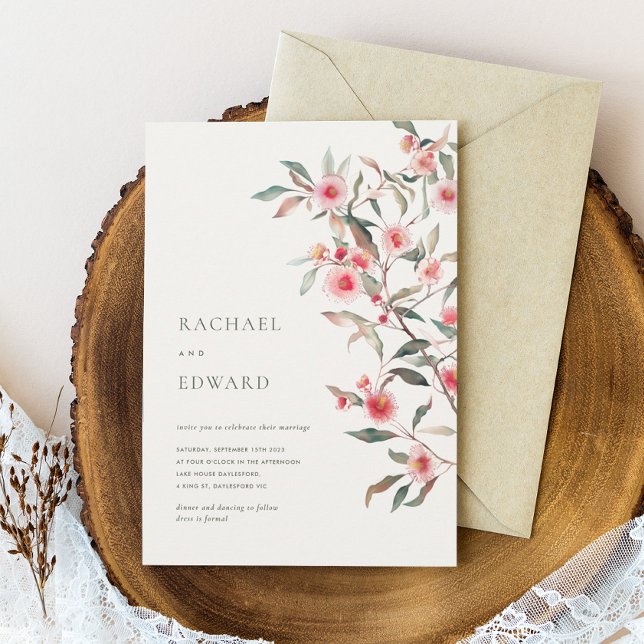 Invitation Mariage aux feuillages d'eucalyptus et fleurs rose (Créateur téléchargé)
