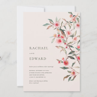 Invitation Mariage aux feuillages d'eucalyptus et fleurs rose