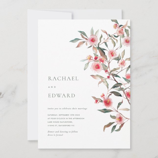 Invitation Mariage aux feuillages d'eucalyptus et fleurs rose (Devant)