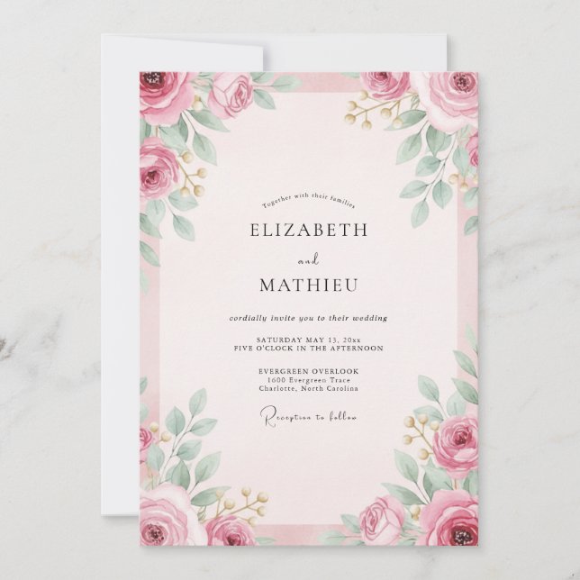 Invitation Mariage aux Feuillages Peints de Mauve Rosé (Devant)