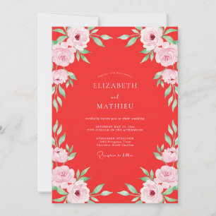 Invitation Mariage aux feuilles aquarelles cramoisies