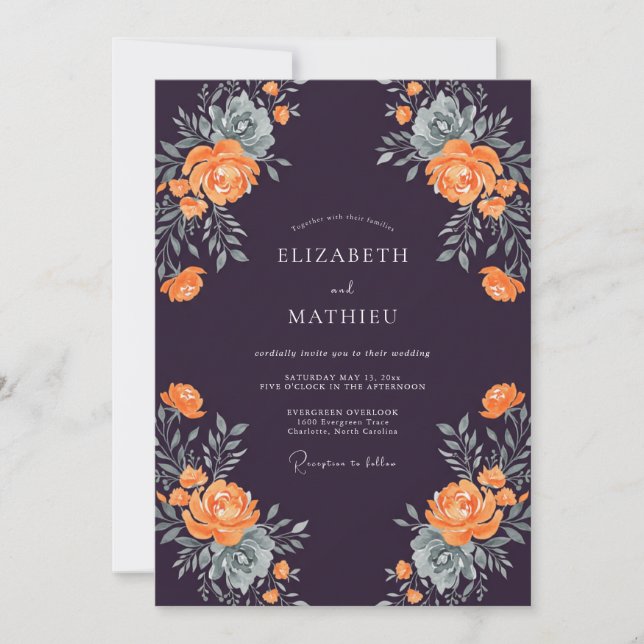 Invitation Mariage aux Feuilles Argentées et Orange Abricot (Devant)