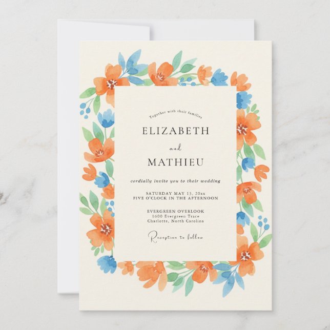 Invitation Mariage aux Feuilles Azurées de Mandarine (Devant)