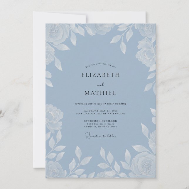 Invitation Mariage aux Feuilles Blanches de Bleuet (Devant)