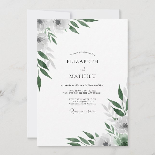 Invitation Mariage aux Feuilles Blanches Émeraude (Devant)