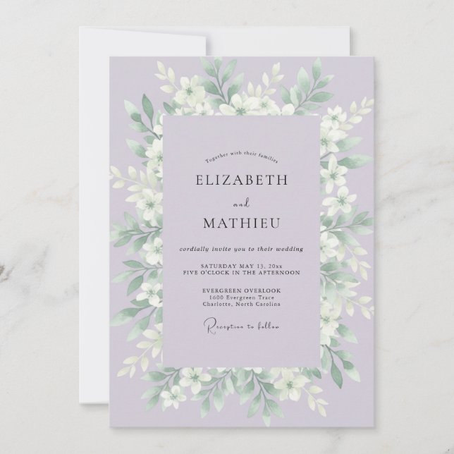 Invitation Mariage aux Feuilles Blanches et Lilas (Devant)