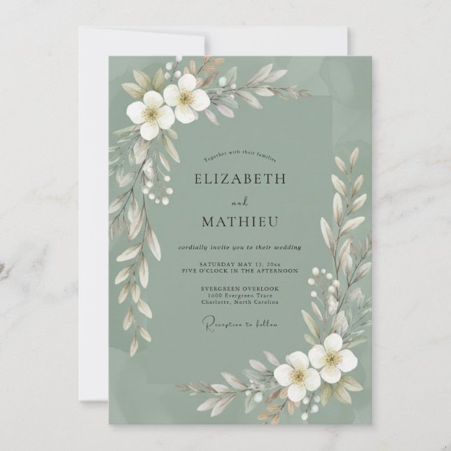 Invitation Mariage aux feuilles blanches et olive (Devant)