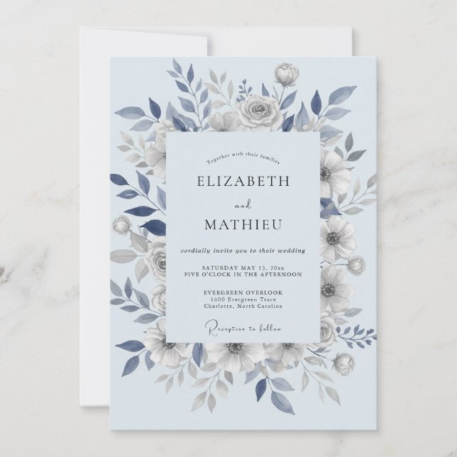 Invitation Mariage aux Feuilles Bleu Acier (Devant)