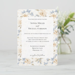 Invitation Mariage aux feuilles bleues florales crème romanti