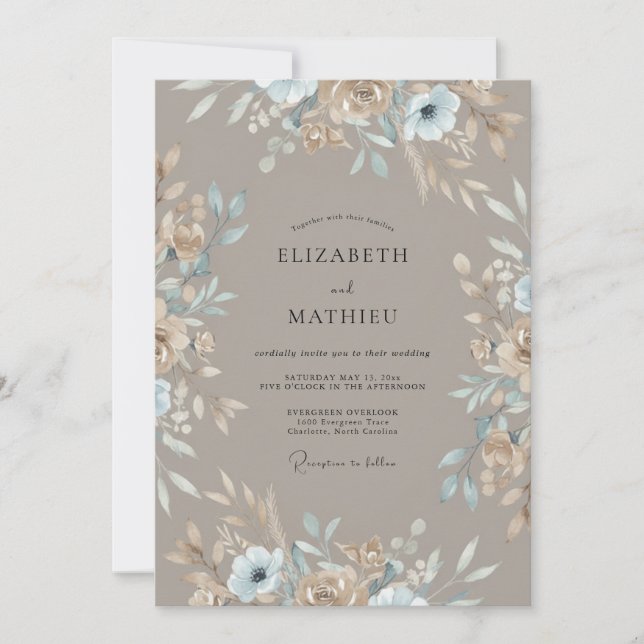 Invitation Mariage aux Feuilles Bleues Poudrées Taupe (Devant)