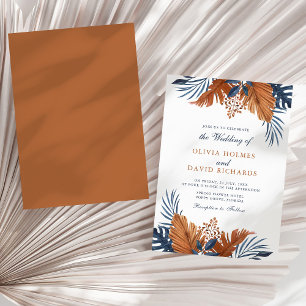 Invitation Mariage aux Feuilles Brun Rustique et Bleu Minuit