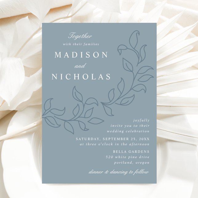 Invitation Mariage aux Feuilles Cascadantes Bleu Poussiéreux (Créateur téléchargé)