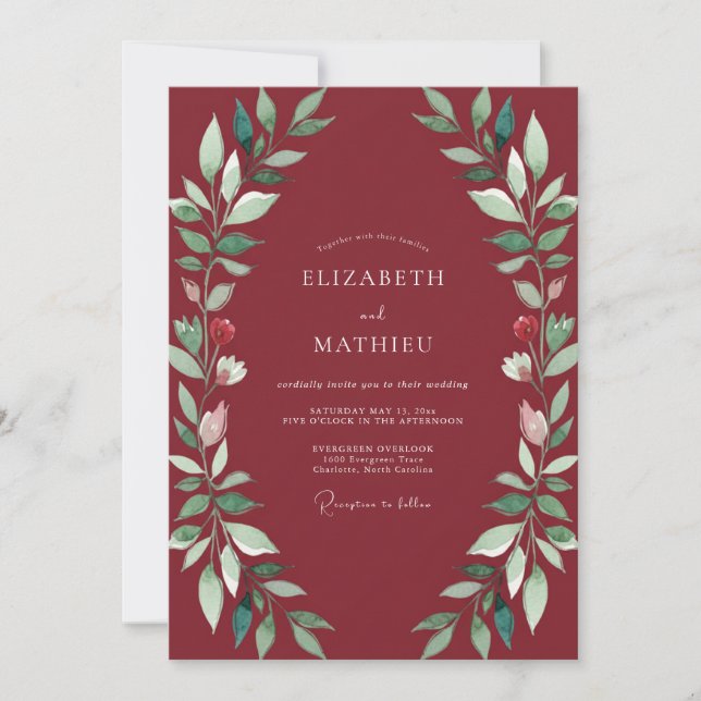 Invitation Mariage aux Feuilles Cramoisi (Devant)