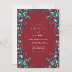 Invitation Mariage aux Feuilles Cyan Bordeaux