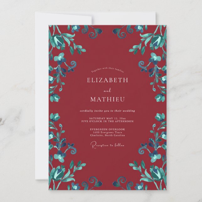 Invitation Mariage aux Feuilles Cyan Bordeaux (Devant)