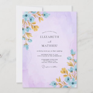 Invitation Mariage aux Feuilles Cyan Lilas