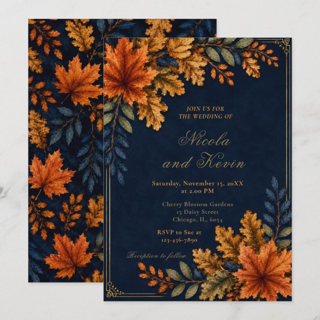 Invitation Mariage aux Feuilles d'Automne Bleu Marine (Devant / Derrière)