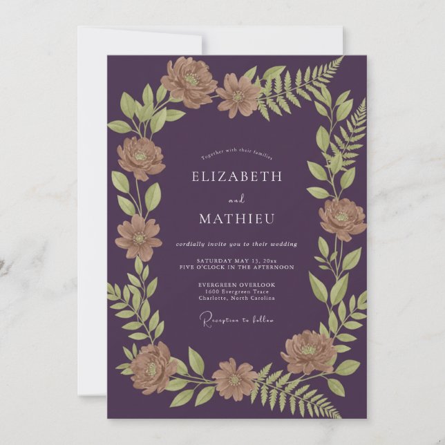 Invitation Mariage aux feuilles de beige aubergine (Devant)