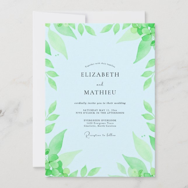 Invitation Mariage aux Feuilles de Bleu Pâle (Devant)