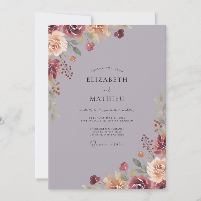 Invitation Mariage aux feuilles de Bourgogne mauve (Devant)