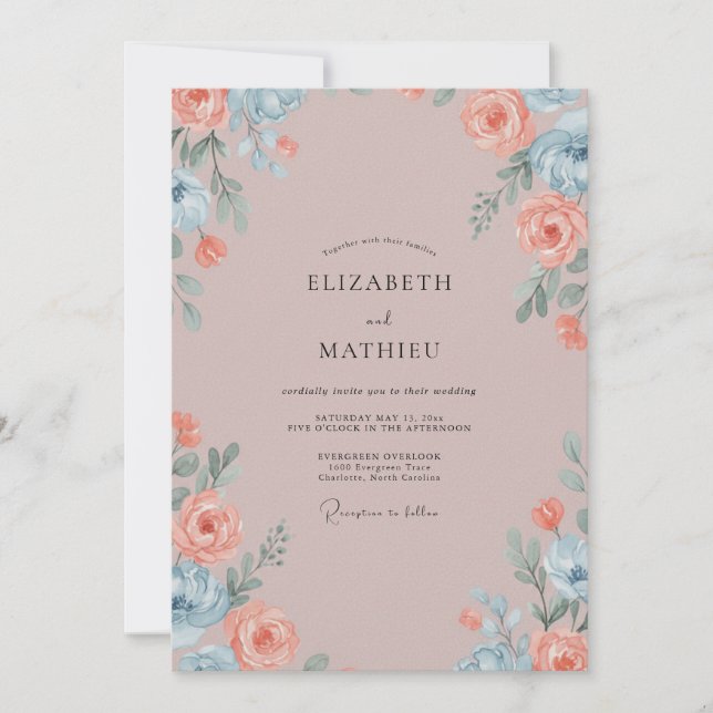 Invitation Mariage aux Feuilles de Cendre Corail (Devant)