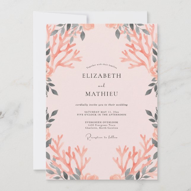 Invitation Mariage aux feuilles de charbon de corail (Devant)