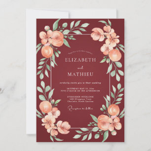 Invitation Mariage aux feuilles de corail bordeaux