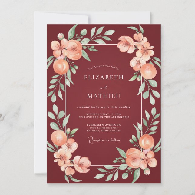 Invitation Mariage aux feuilles de corail bordeaux (Devant)