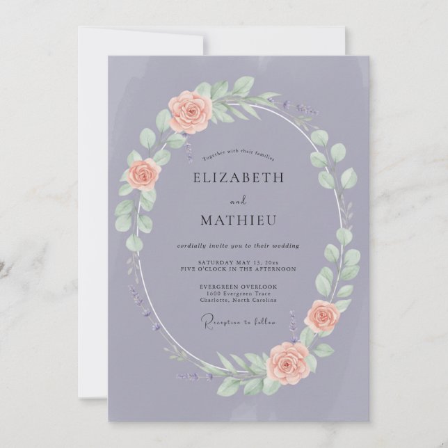 Invitation Mariage aux Feuilles de Corail Mauve (Devant)