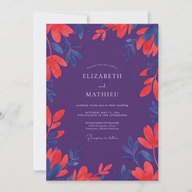 Invitation Mariage aux feuilles de corail pourpre (Devant)