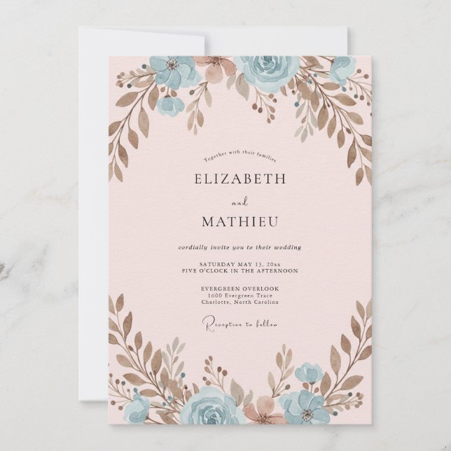 Invitation Mariage aux Feuilles de Cuivre Rose Pâle (Devant)