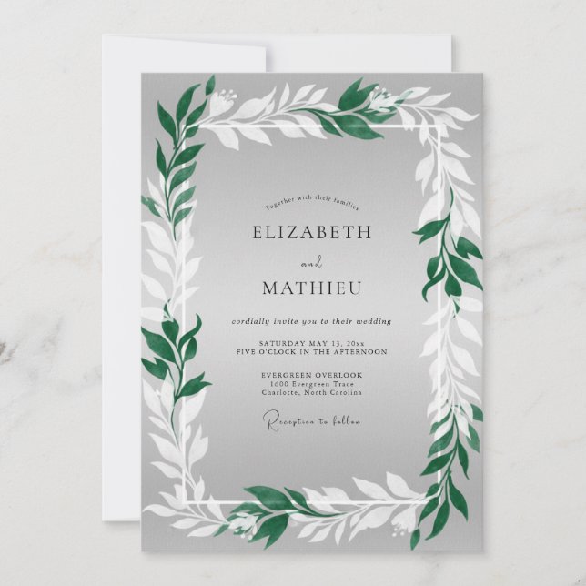 Invitation Mariage aux Feuilles de Gris Émeraude (Devant)