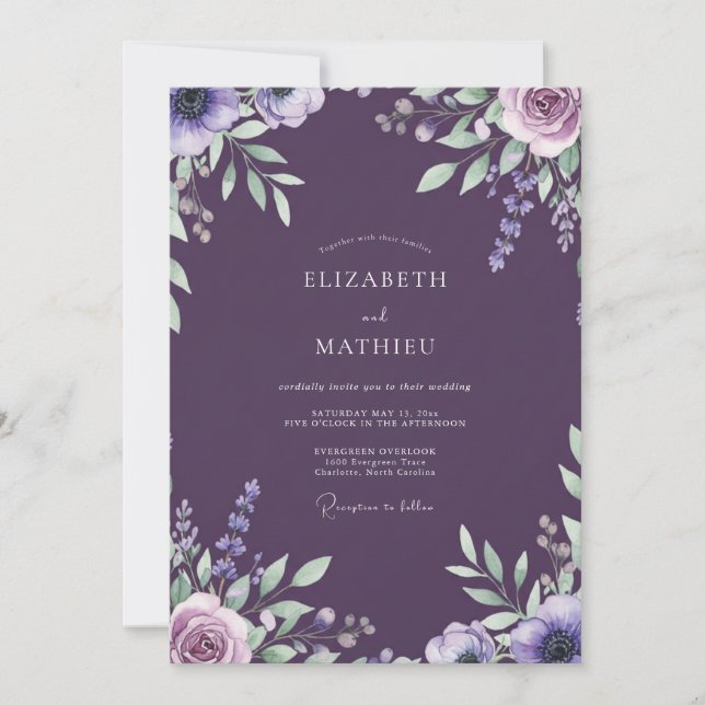 Invitation Mariage aux Feuilles de Lavande Plum (Devant)