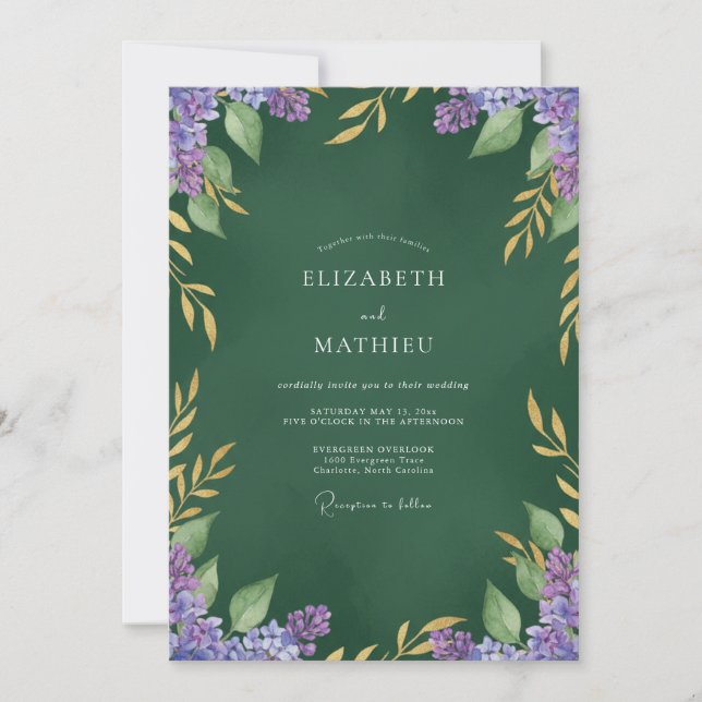 Invitation Mariage aux Feuilles de Lilas Forestières (Devant)