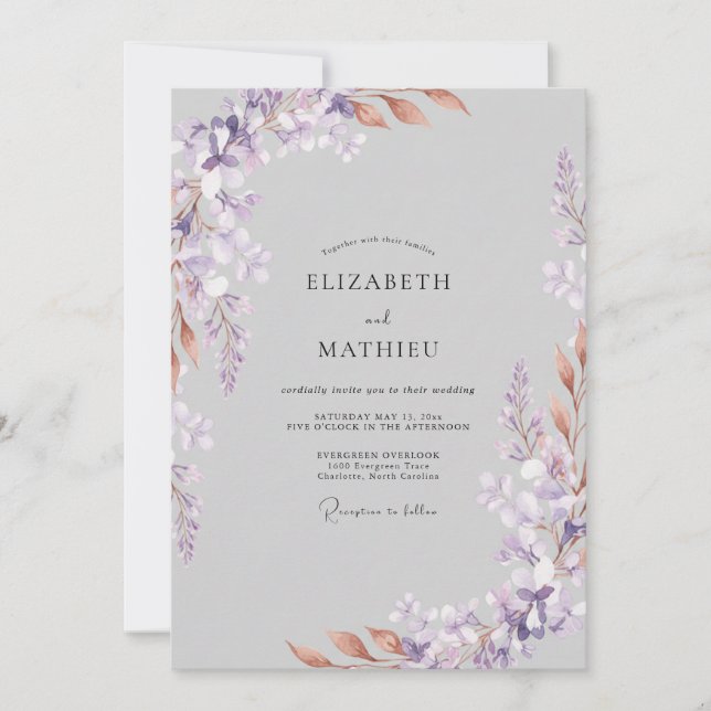 Invitation Mariage aux Feuilles de Lilas Gris Atténué (Devant)