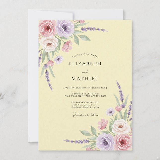Invitation Mariage aux Feuilles de Lilas Jaune Pâle (Devant)