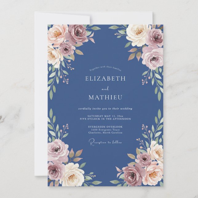 Invitation Mariage aux feuilles de mauve et bleuet (Devant)