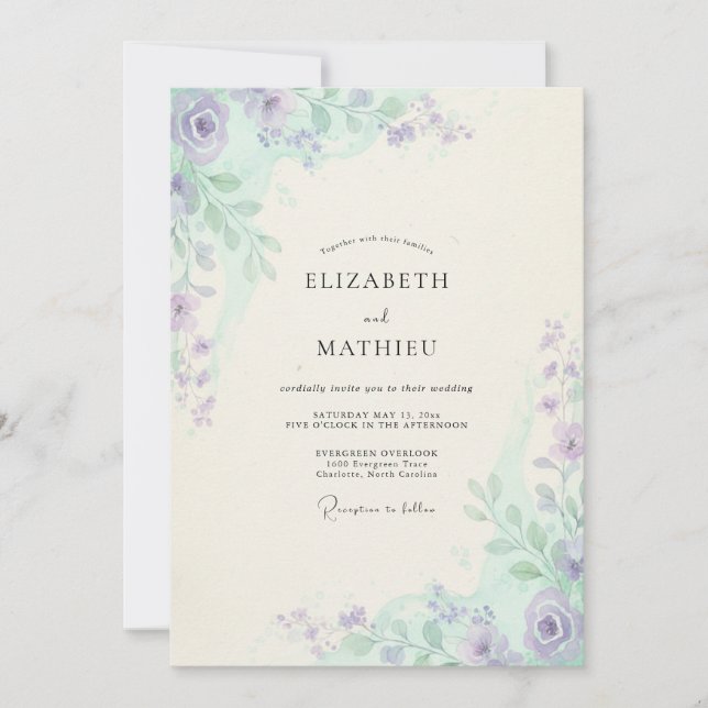 Invitation Mariage aux feuilles de menthe et lavande (Devant)