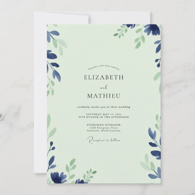 Invitation Mariage aux Feuilles de Menthe Indigo (Devant)