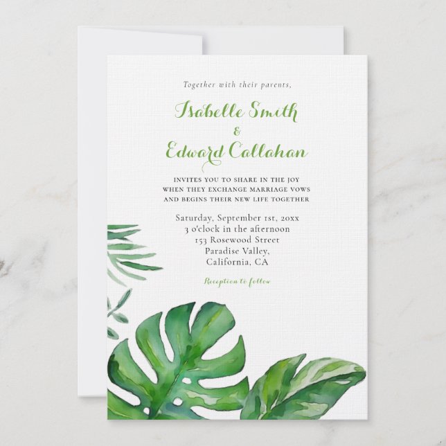 Invitation Mariage aux feuilles de Monstera vertes aquarelles (Devant)