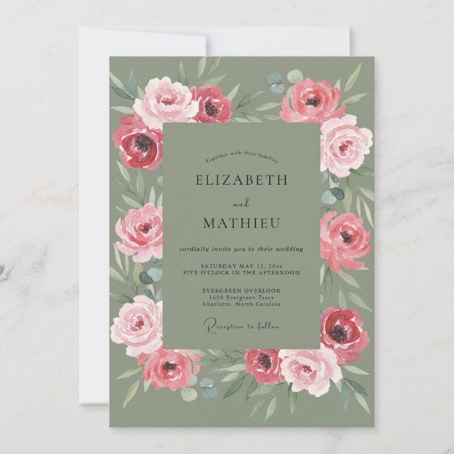 Invitation Mariage aux Feuilles de Olive Rose (Devant)