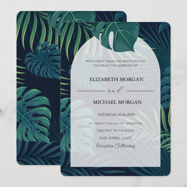 Invitation Mariage aux feuilles de palmier exotiques (Devant / Derrière)