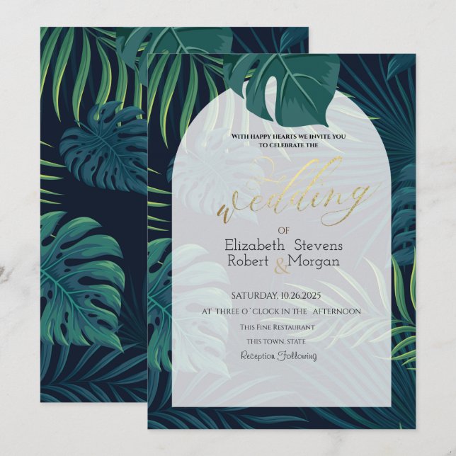 Invitation Mariage aux feuilles de palmier exotiques (Devant / Derrière)