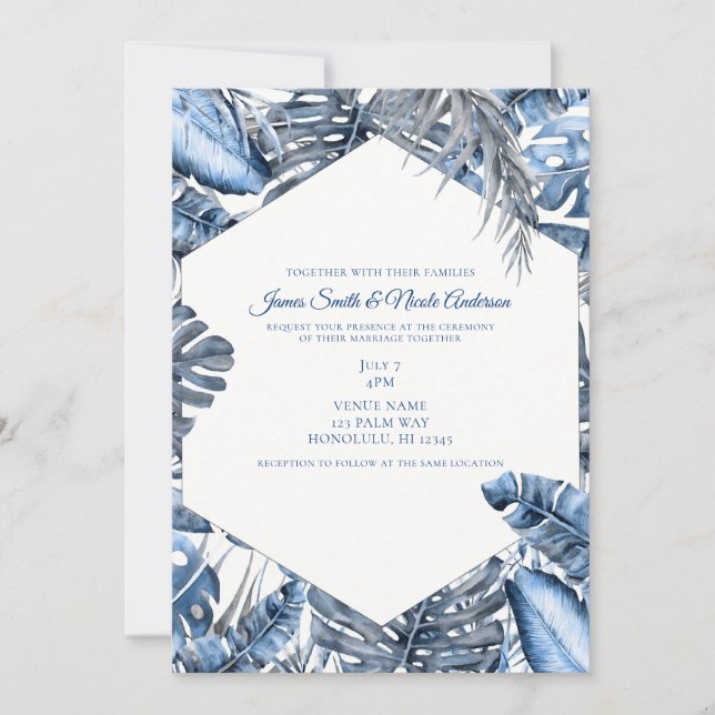 Invitation Mariage aux feuilles de palmier tropical bleu et b (Devant)