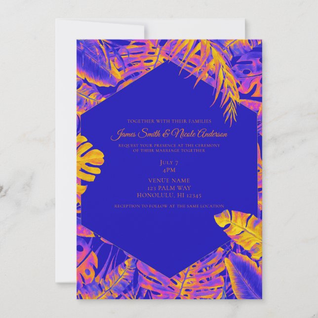 Invitation Mariage aux feuilles de palmier tropicales bleu or (Devant)