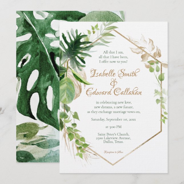 Invitation Mariage aux feuilles de palmier vert tropical or g (Devant / Derrière)