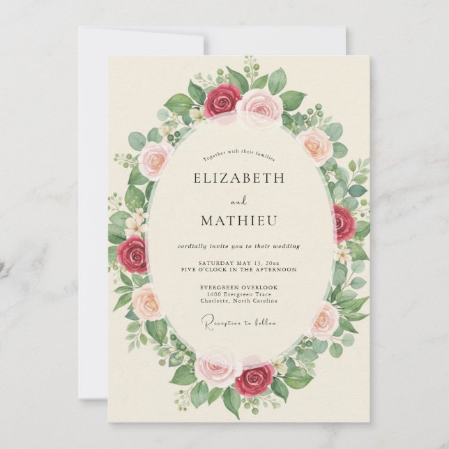 Invitation Mariage aux Feuilles de Pêche Cramoisi (Devant)