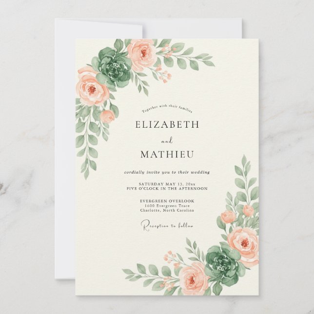 Invitation Mariage aux Feuilles de Pêche Crème (Devant)